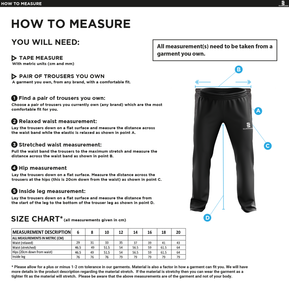 Solihull Municipal CC - Women's Ripstop Track Pant - Size Guide