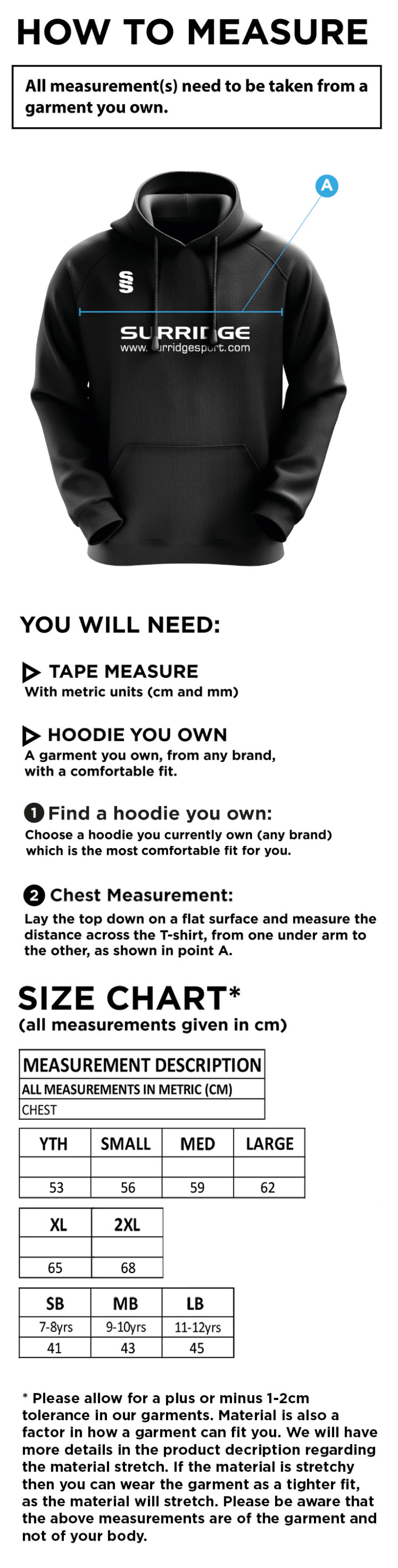 Solihull Municipal CC - Blade Hoody - Size Guide
