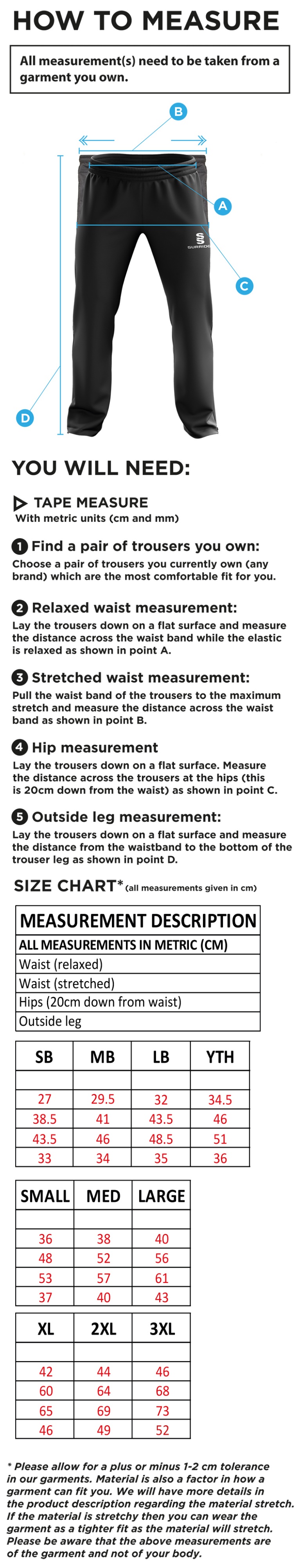 Solihull Municipal CC - Ripstop Track Pants - Size Guide