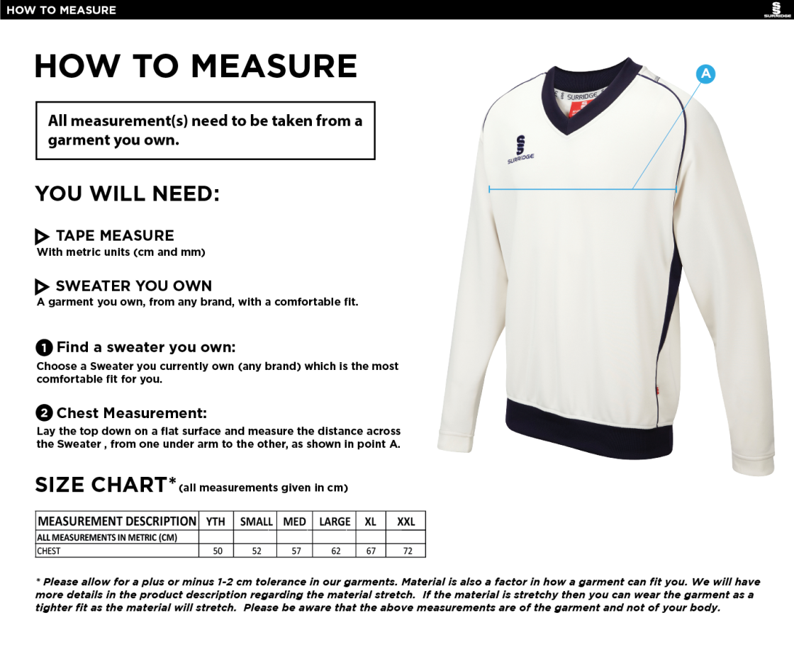 Solihull Municipal CC - Curve Long Sleeved Sweater - Size Guide