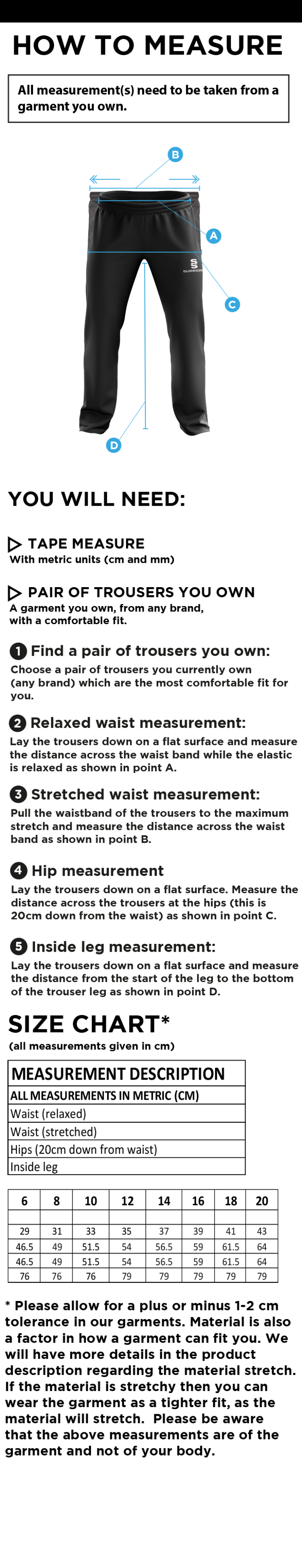 Solihull Municipal CC - Women's Ripstop Track Pant - Size Guide