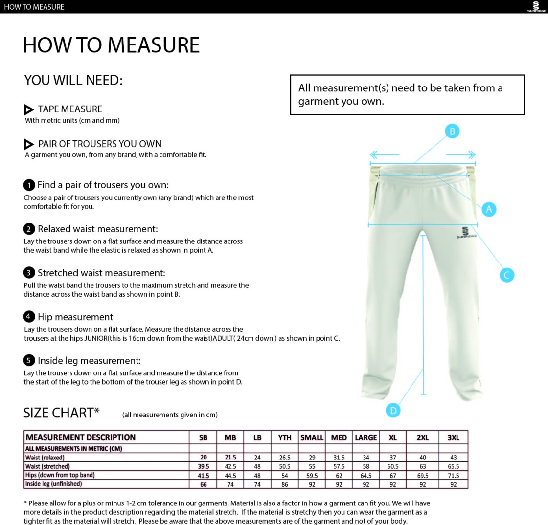 Solihull Municipal CC - Standard Playing Pant - Size Guide