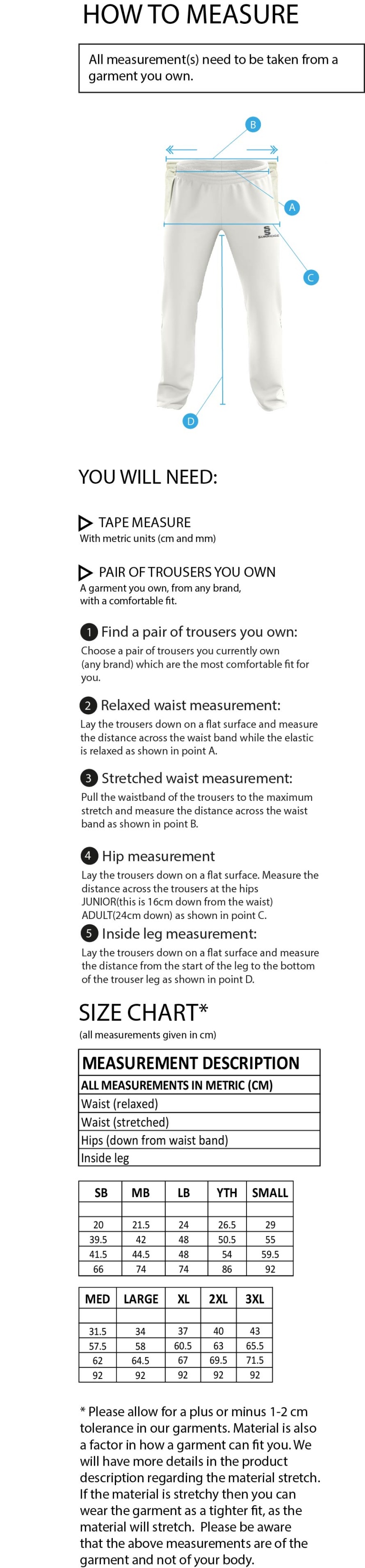 Solihull Municipal CC - Standard Playing Pant - Size Guide