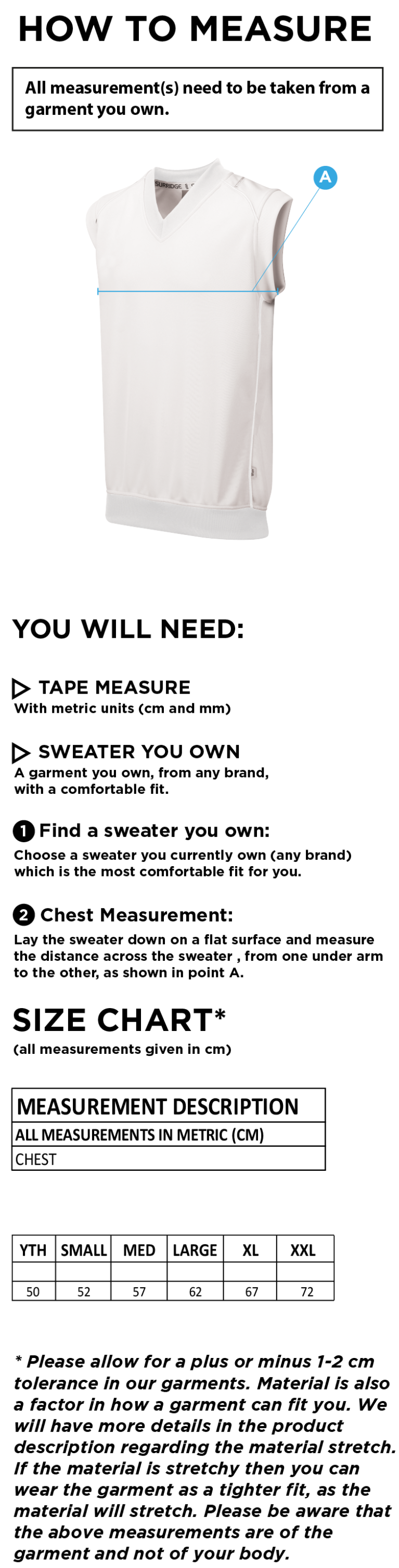 Solihull Municipal CC - Curve Sleeveless Sweater - Size Guide