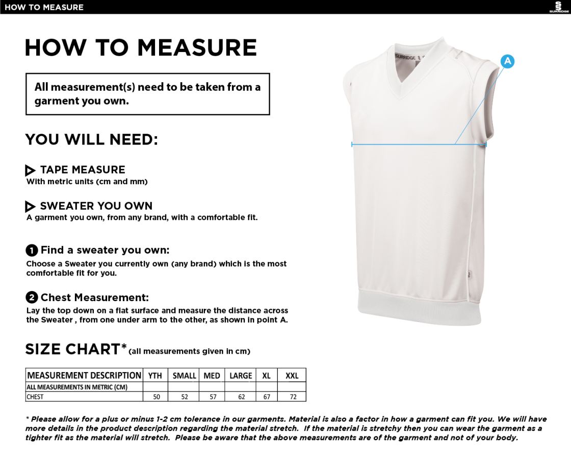 Solihull Municipal CC - Curve Sleeveless Sweater - Size Guide