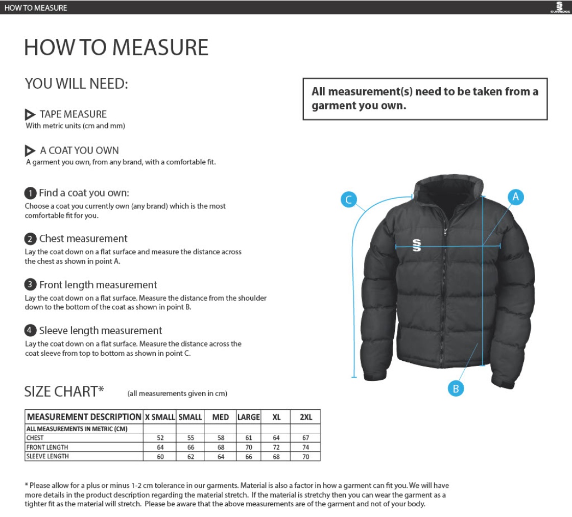Solihull Municipal CC - Women's Holkham Down Feel Jacket - Size Guide
