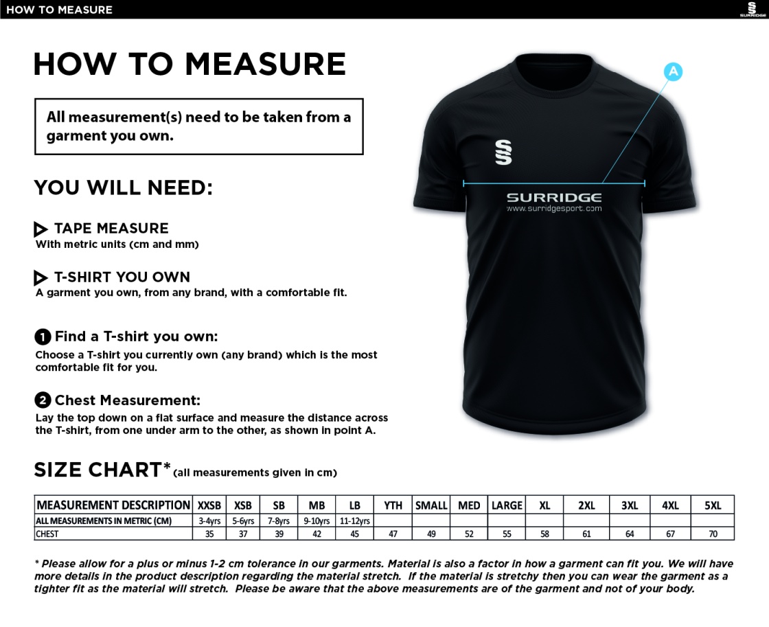 Solihull Municipal CC - Blade Training Shirt - Size Guide