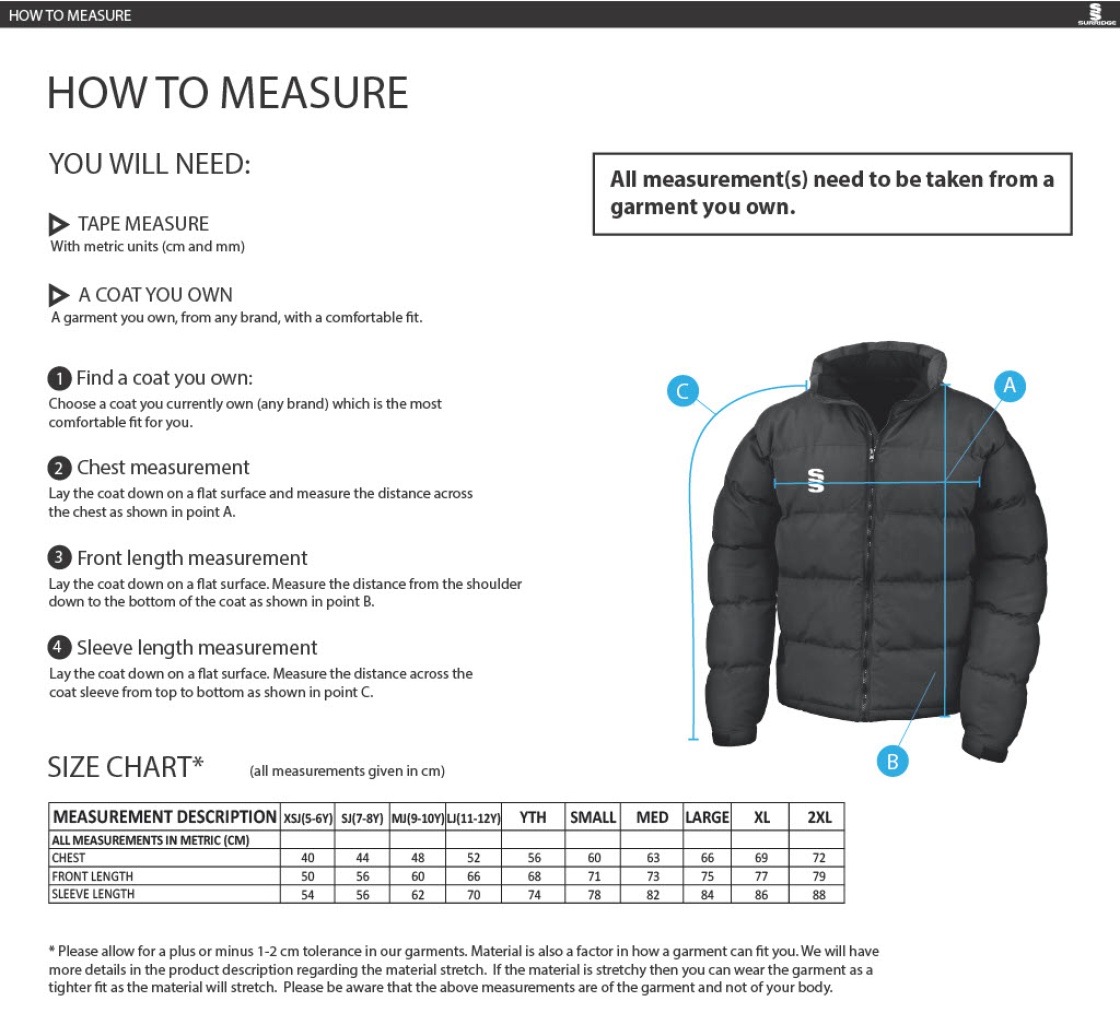 Solihull Municipal CC - Holkham Down Feel Jacket - Size Guide