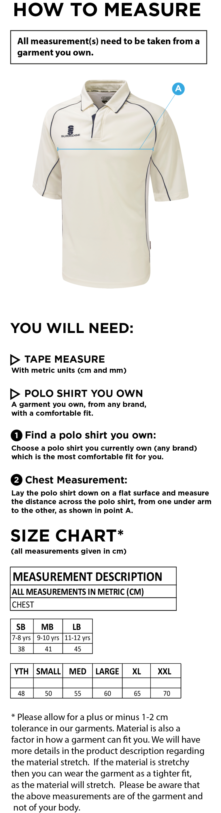 Solihull Municipal CC - Premier 3/4 Sleeved Shirt - Size Guide