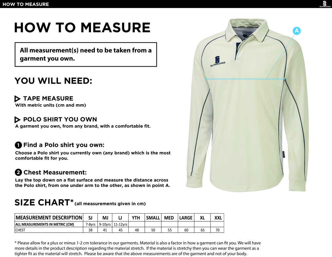 Solihull Municipal CC - Premier Long Sleeved Shirt - Size Guide