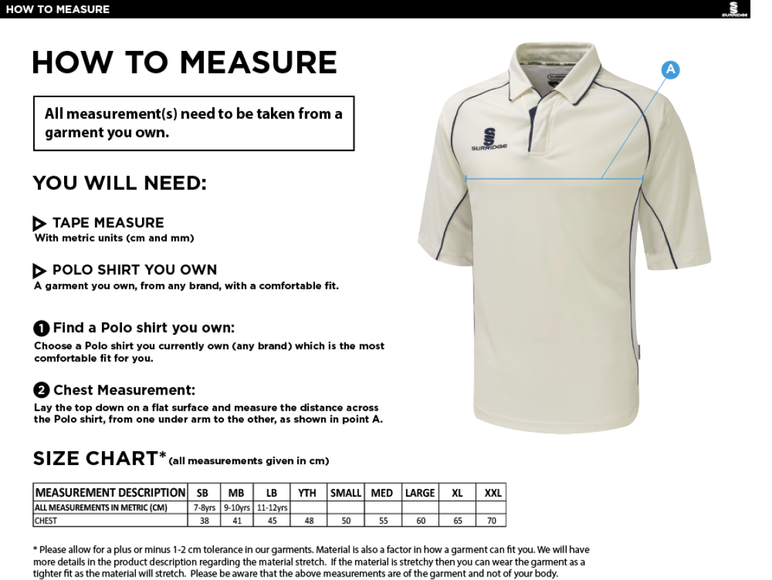 Solihull Municipal CC - Premier 3/4 Sleeved Shirt - Size Guide