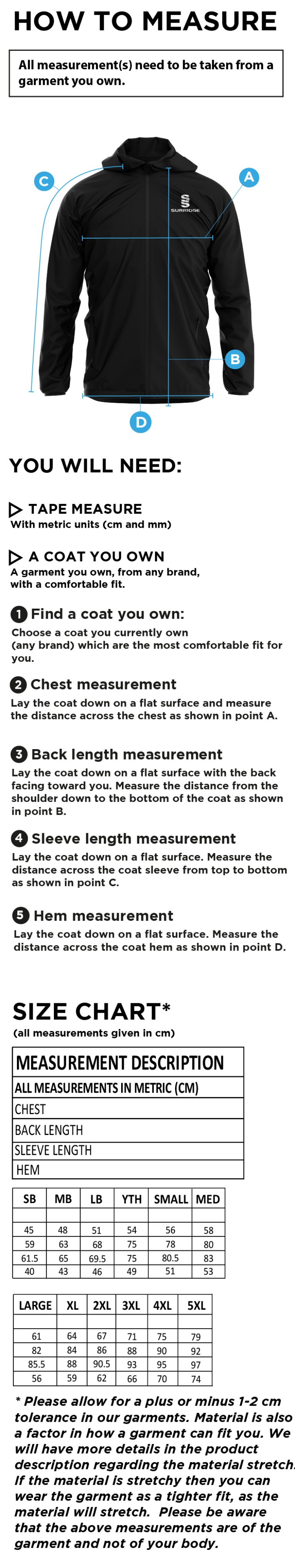 Solihull Municipal CC - Dual training Jacket - Size Guide