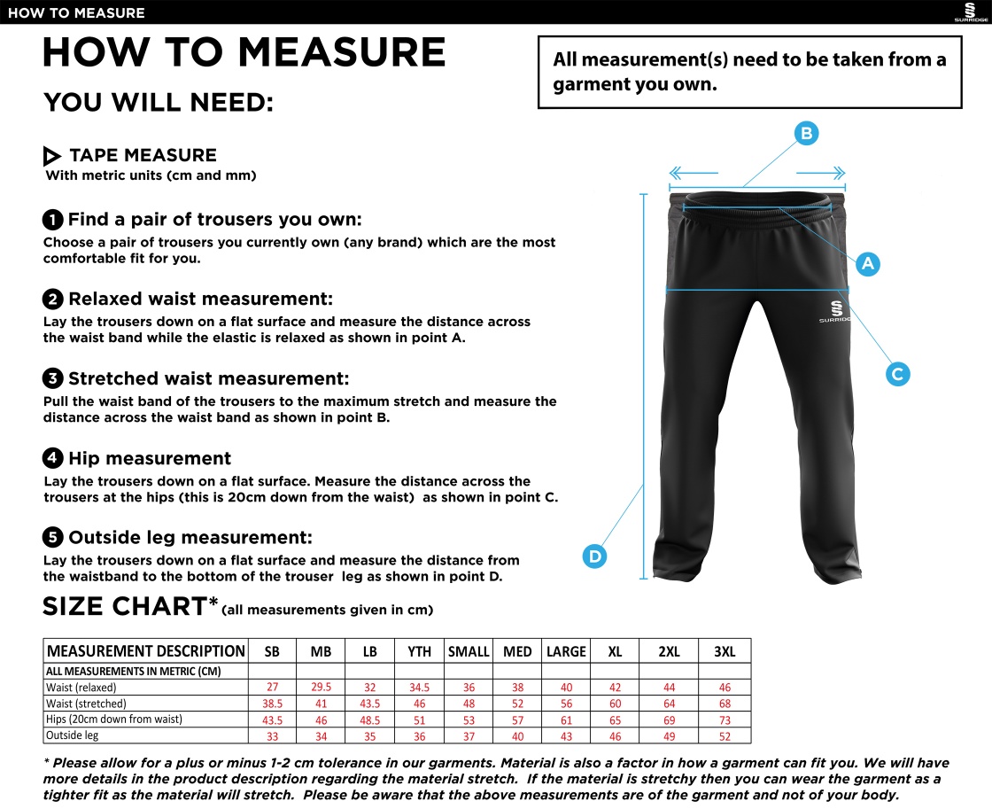 Solihull Municipal CC - Ripstop Track Pants - Size Guide