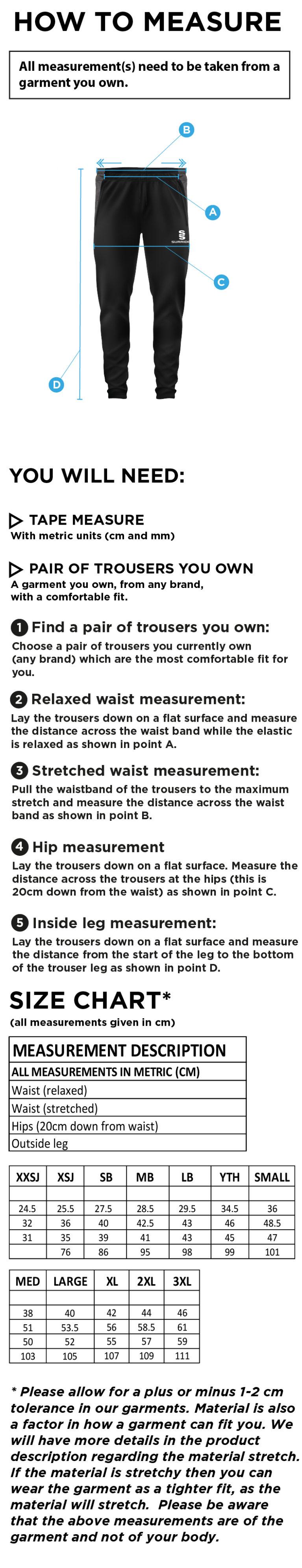 Solihull Municipal CC - Tek Skinny Pant - Size Guide
