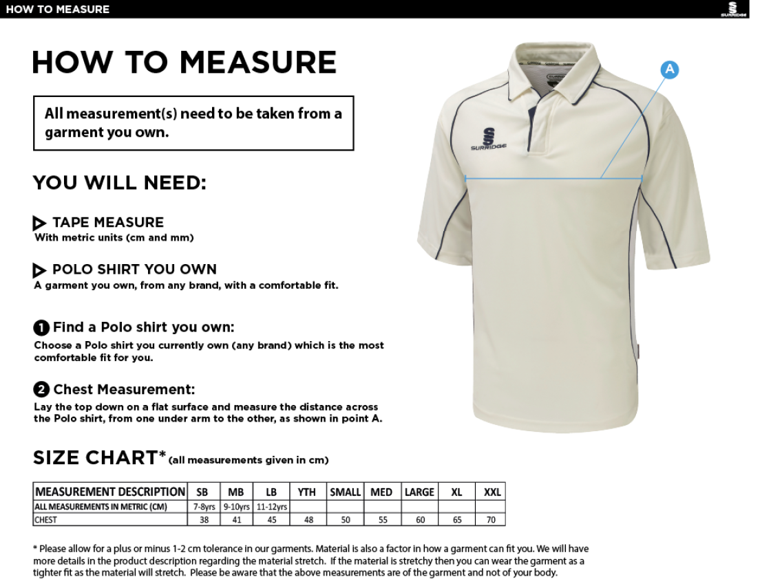 Solihull Municipal CC - Premier 3/4 Sleeved Shirt - Size Guide