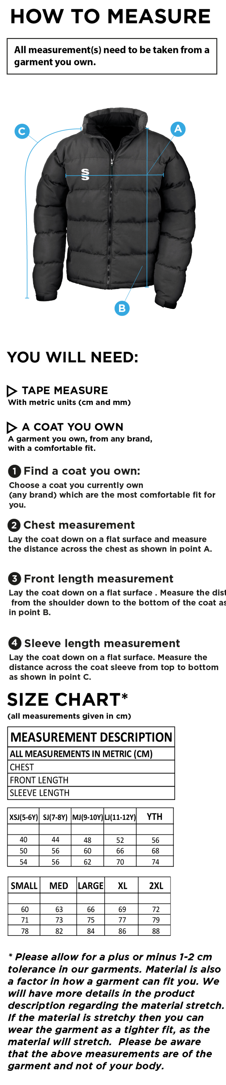 Solihull Municipal CC - Holkham Down Feel Jacket - Size Guide
