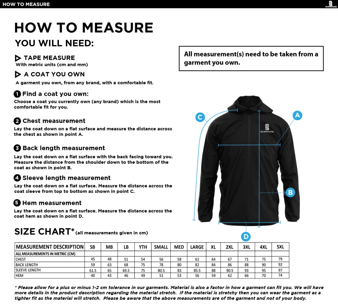 Solihull Municipal CC - Dual training Jacket - Size Guide
