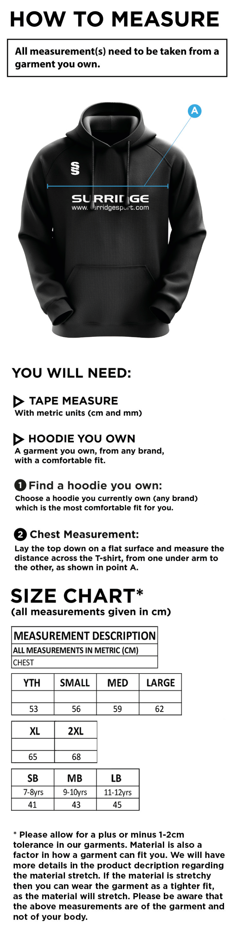 Solihull Municipal CC - Blade Hoody - Size Guide