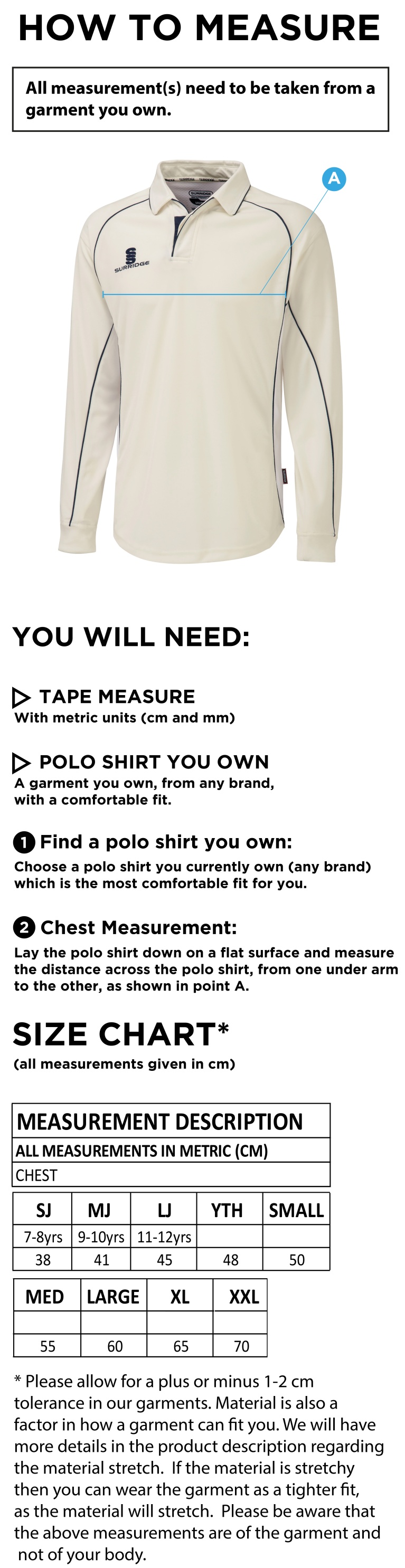 Solihull Municipal CC - Premier Long Sleeved Shirt - Size Guide