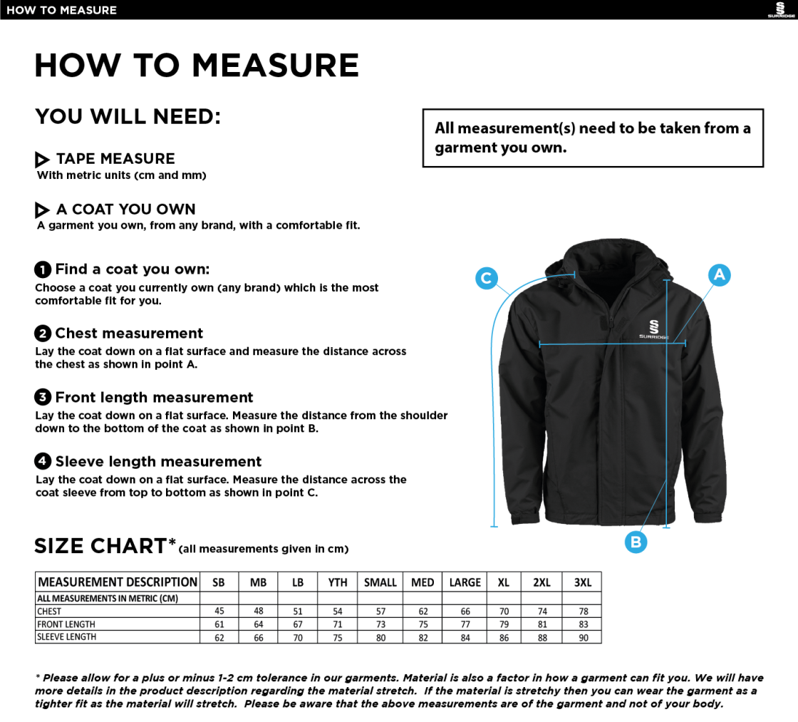 Solihull Municipal CC - Fleeced Line Jacket - Size Guide