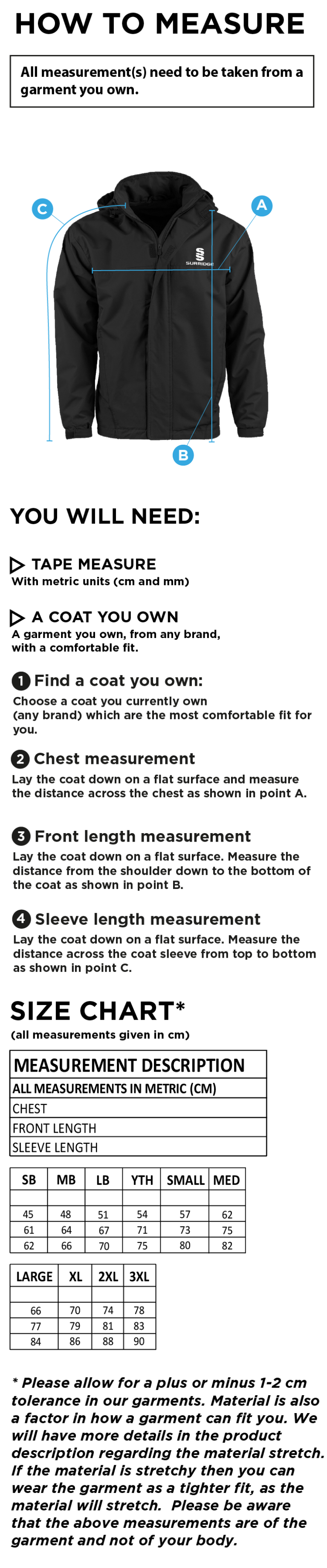 Solihull Municipal CC - Fleeced Line Jacket - Size Guide
