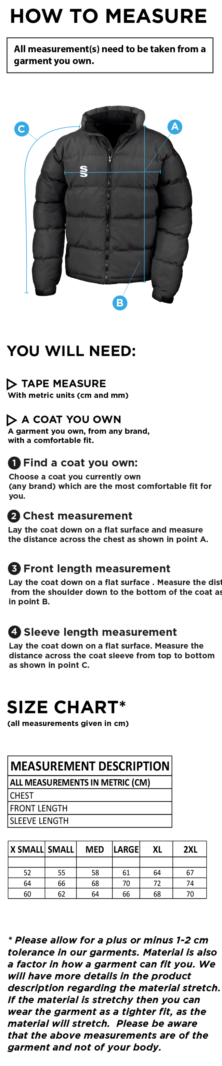 Solihull Municipal CC - Women's Holkham Down Feel Jacket - Size Guide